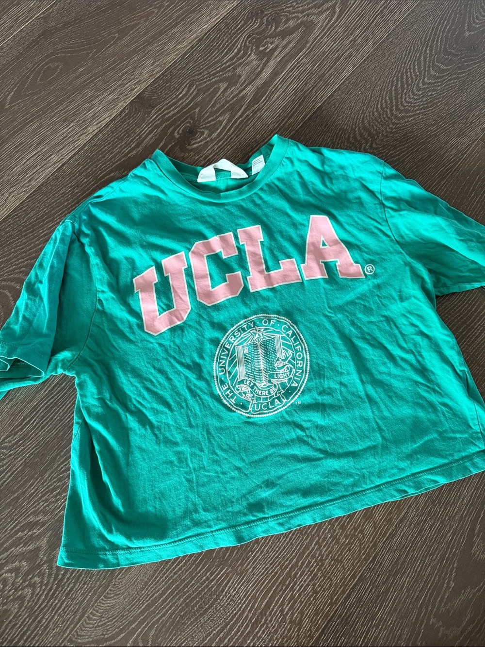 H&M UCLA Green Pink Logo Kids Cropped Tee. Size 14